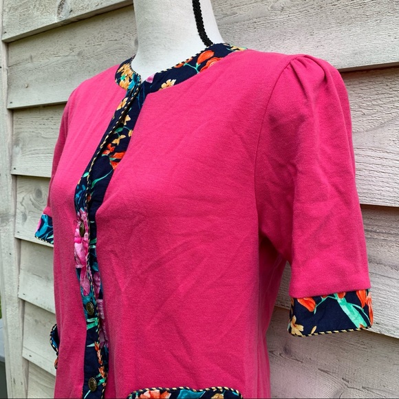 Vintage 80s Pink Floral Print Button Down Circle Neck Short Puff Sleeve Blouse - Picture 5 of 16